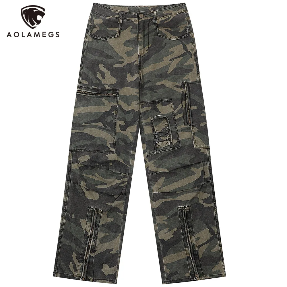 

Aolamegs Jeans Men's Multi-Pocket Functional Cargo Pants Casual High Street Camouflage Trousers Overalls Joggers Men Streetwear