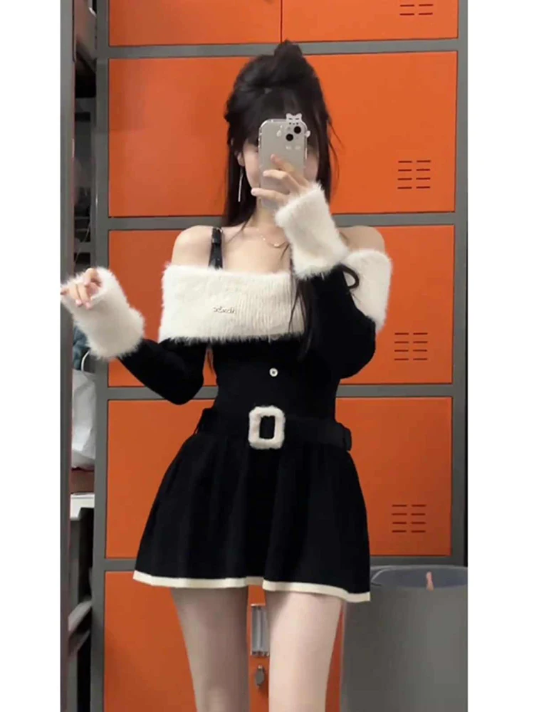 Yujie Sle Черное платье с открытыми плечами и длинными рукавами Женское