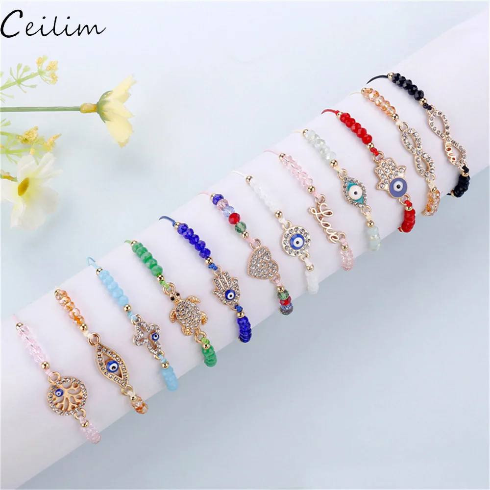 

Fashion Geometric Cross Palm Charms Bracelet Colored Crystal Beads Bracelets for Women Adjustable Rope Braided Jewelry pulseras