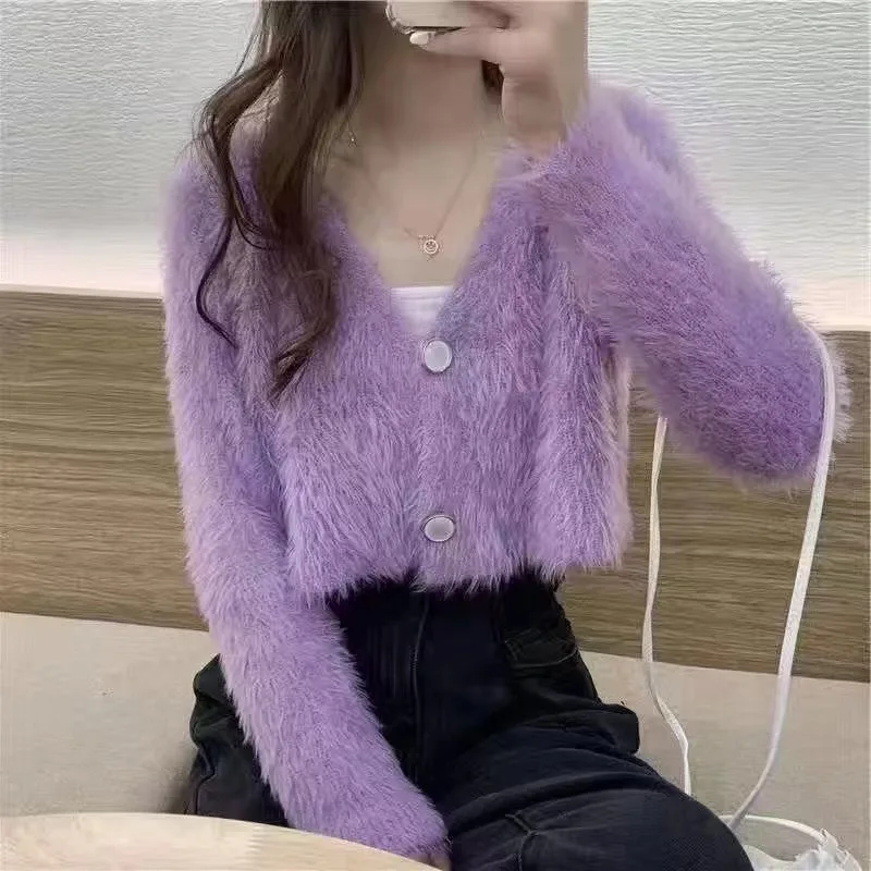 

French Fashion Lady Sweater Soft Mohair Knit Short Cut Single Breast Sweet Girls Winter Fall Fashion Coat