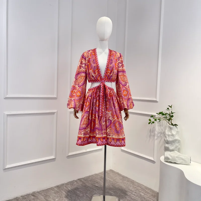 Bohemian 2023 Summer Top Quality Cotton Cut Out Lace Up V-Neck Full Lantern Sleeve Women Fashion Mini Dress