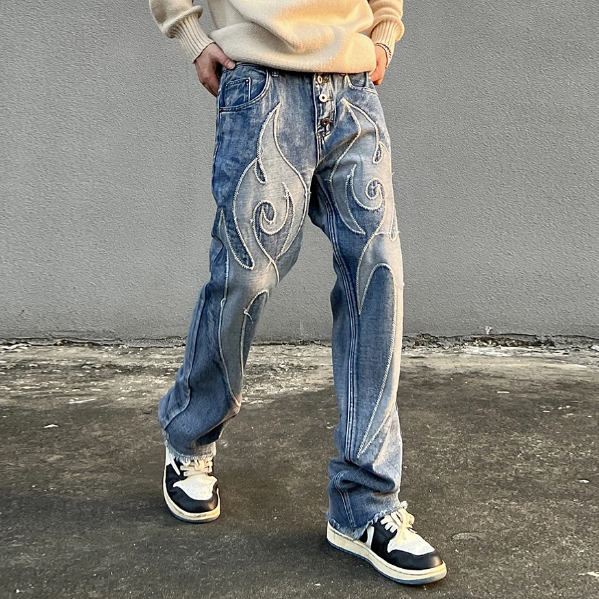 

High Street Solid Color Patchwork Skulls Embroidery Casual Denim Pants Men And Women Elastic Waist Baggy Jeans Trousers
