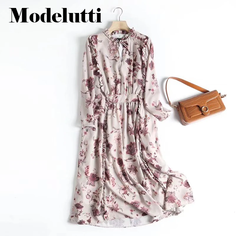 

Modelutti 2022 New Spring Autumn Fashion V-Neck Fungus Draw Back Long Sleeve Romantic Print Dress Simple Casual Elegant Women
