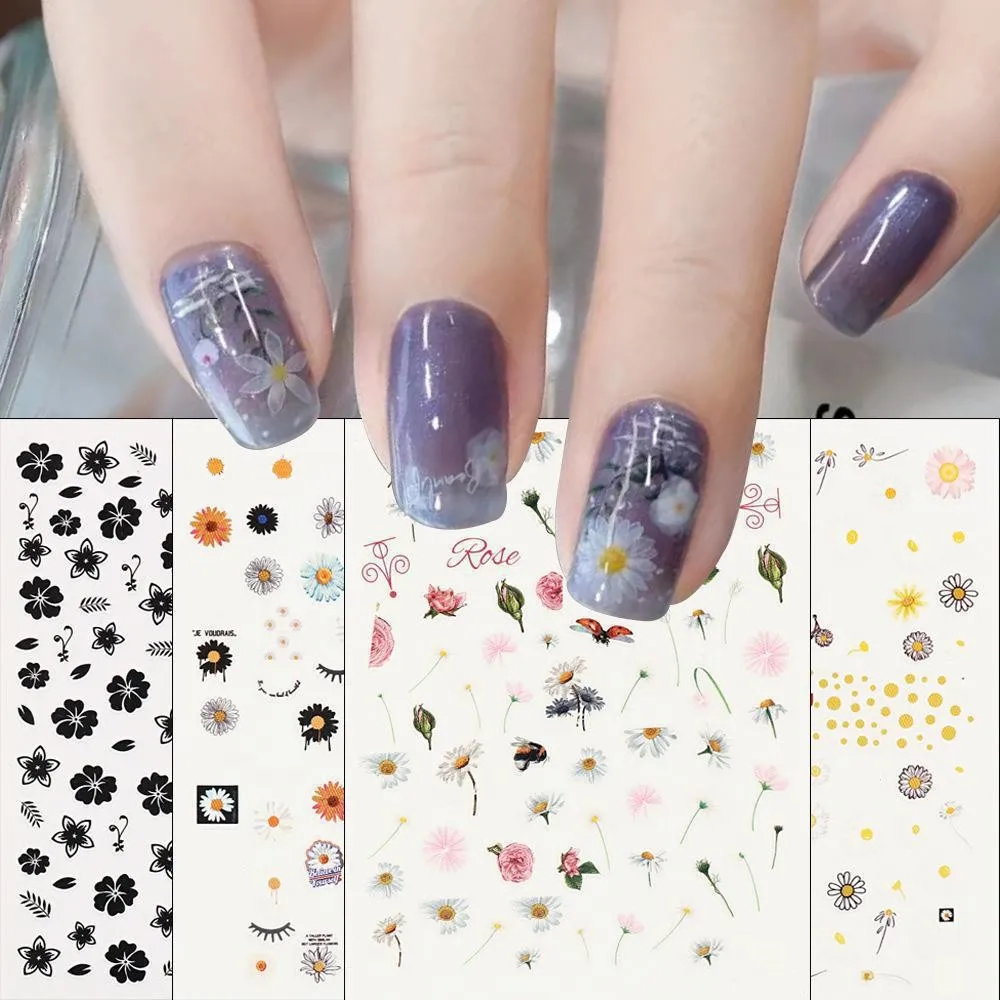 

1Pcs Daisy Nail Stickers Sunflower Spring Decoration Flowers Leaf Nail Decals Rose Tattoo Cherry Blossom Sliders For Manicure