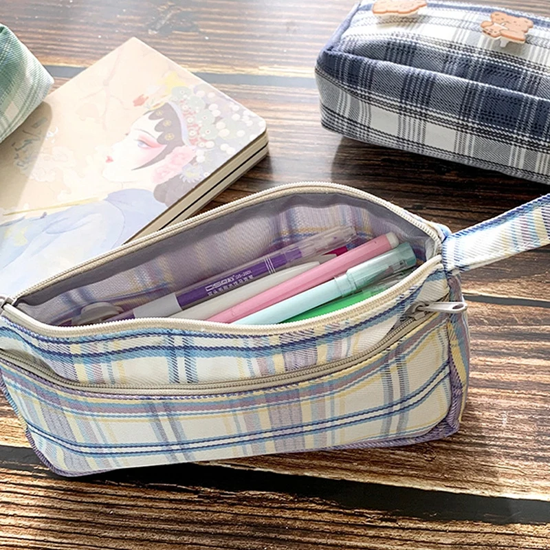 

Double Layer Plaid Printed Canvas Pencil Bag Korean Stationery Pen Case with Badge School Office Supplies Portable Handle Wallet