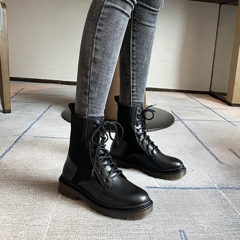 

Elegant Woman Boots Autumn Shoes Luxury Designer Boots-Women Round Toe Lace Up Fashion Mid Calf 2022 Ladies Lolita Rock Med Ridi