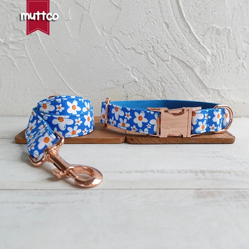 

MUTTCO unique dog collar&leash BLUE DAISY convenient to walk the dog leash accessory for small medium large dog 5 size UDC135M