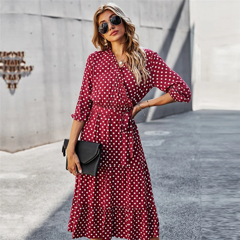 

Autumn Winter Dot Bandage Dress Women Casual Ruffles V Neck High Waist Slim Print Long Dress 2022 New Fashion