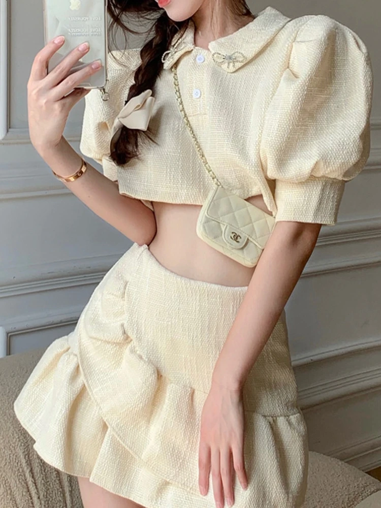 Женский твидовый костюм короткий топ с пышными рукавами и юбка-годе маленький