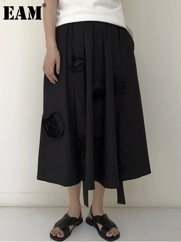 

[EAM] High Elastic Waist Black Flower Ribbon Casual Half-body Skirt Women Loose Fit Fashion Tide New Spring Autumn 2023 1DF4297
