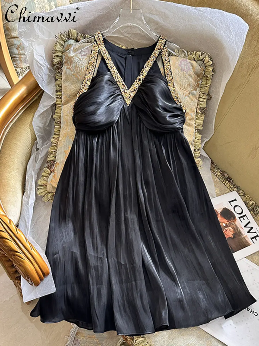 Summer 2023 Women's Dress Fashionable V-neck Sleeveless Organza Girl's Dress French Retro Sexy Heavy Industry Beads Dress Lady