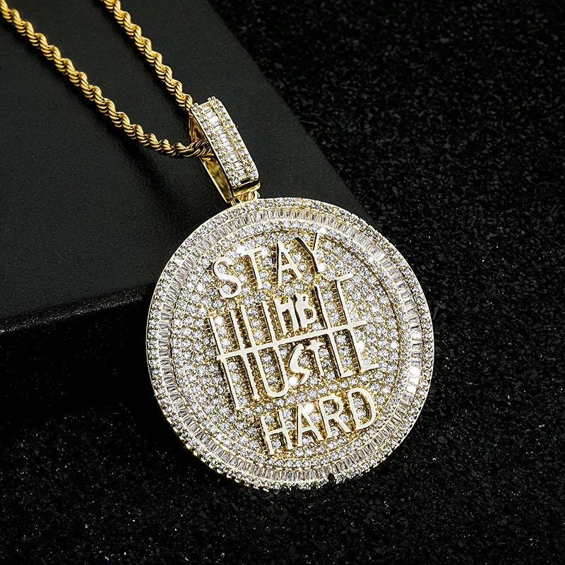 

Hot Stay Humble Hustle Hard English letters full of zircon European and American Hip Hop pendant necklace for man trend jewelry