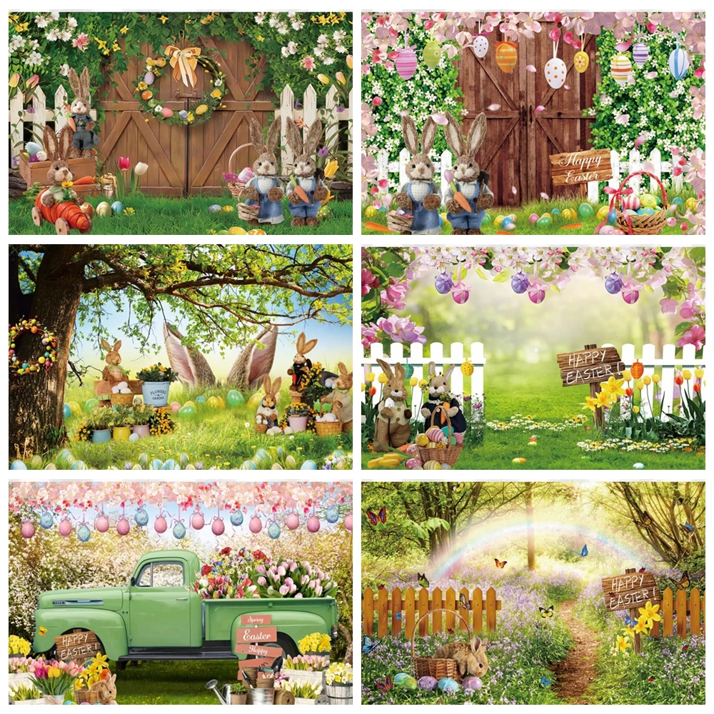 Фон для фотосъемки с изображением кролика весны Пасхи деревянной двери зеленой