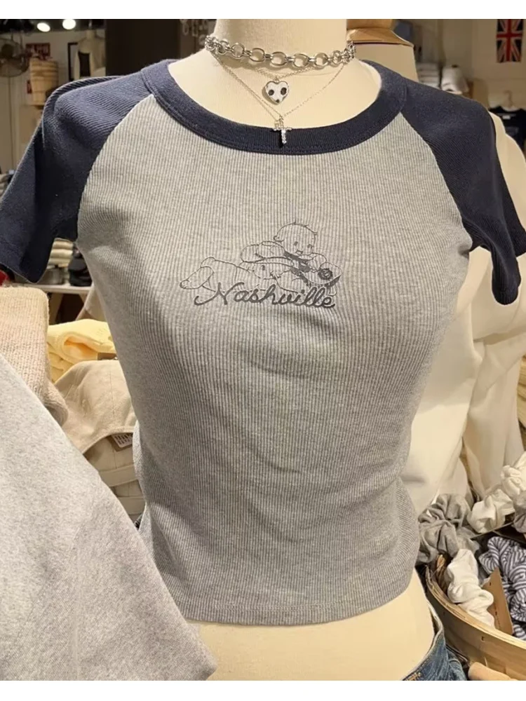

Casual Women Grey Cowboy Angel Printed Tees 2022 Summer Fashion Ladies Retro O Neck Raglan Short Sleeve Female Chic Pullovers