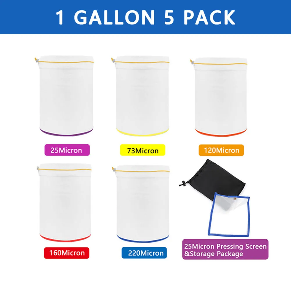 5pcs 1 Gallon Filter Bag Nylon Bubble Bag Herbal Ice Essence Extractor Kit Extraction Bags With Pressing Screen Garden Planting