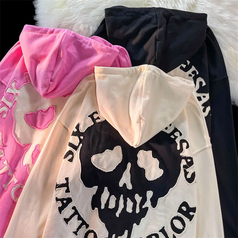 Skull Patch Long Sleeve Hoodies Streetwear Vintage Sweatshirt Y2k Clothes 2022 Hip Hop Harajuku Grunge E-girl Hoodies Women New