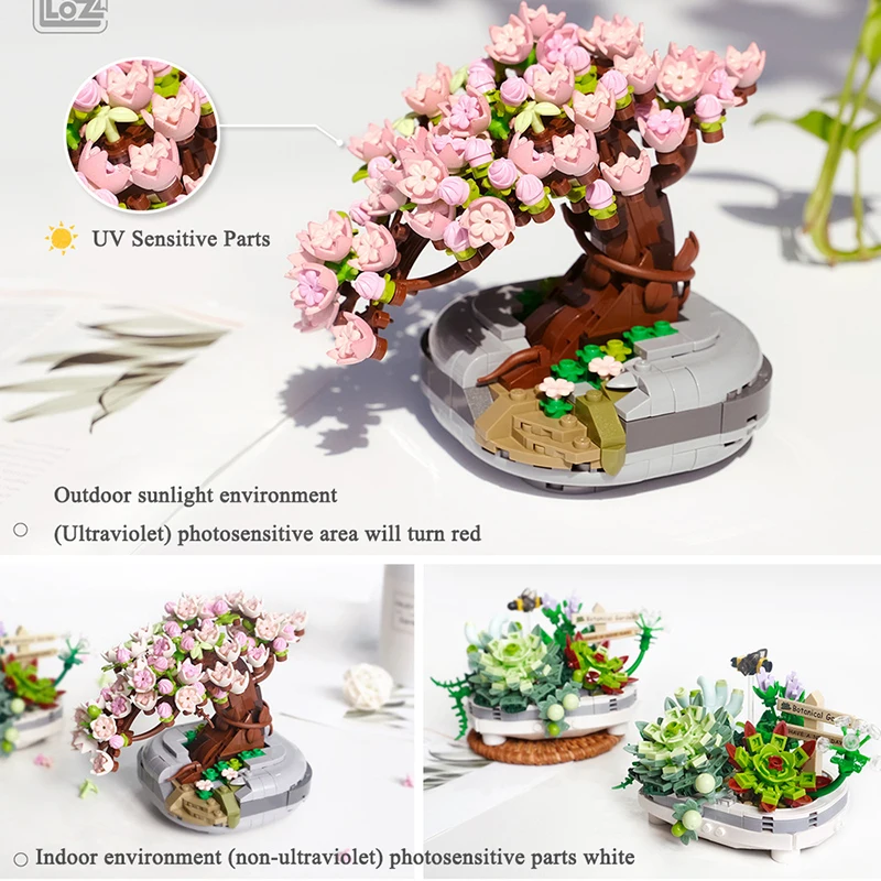 

Succulent Potted Flowers Pink Cherry Blossom Plant Model DIY Bouquet Building Blocks Assembled Bricks Girl Gifts Children's Toys