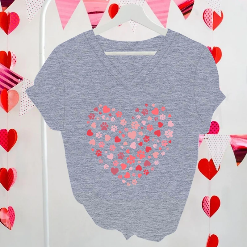 Valentines Day Paw Heart Fashion T-shirts Animal Lover Gift Cute Print Cat and Dog V-neck Short Sleeve T-shirt