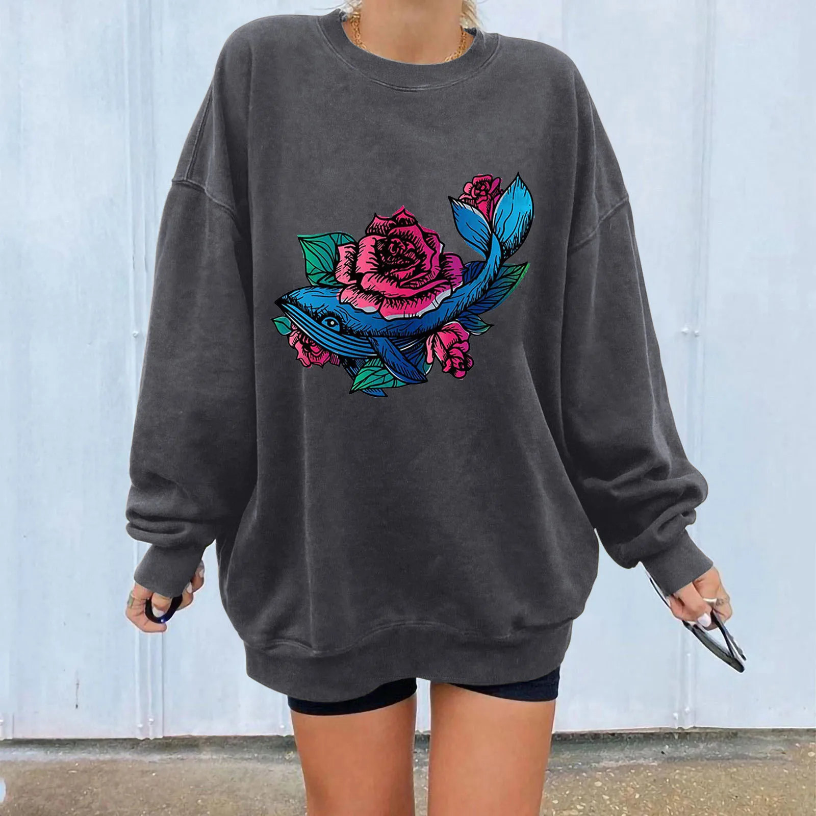 

Vintage Whale Rose Print Sweatshirts Women Spring Autumn Long Sleeve Loose Pullover Sweatshirt Drop Shoulder Oversized Tops