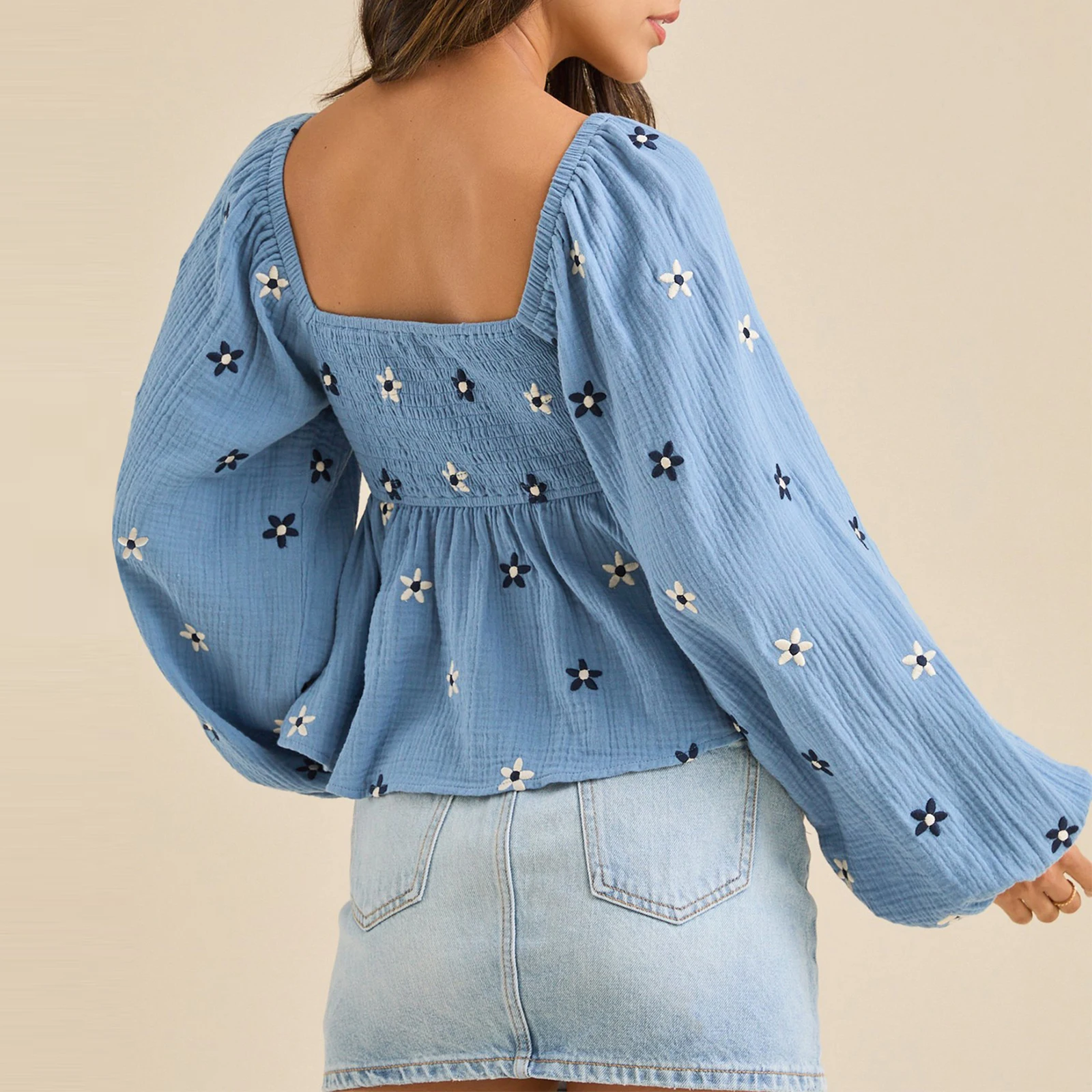 Женские модные футболки с цветочной вышивкой длинные рукава воздушным шаром