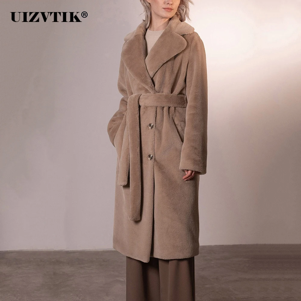 Winter Faux Fur Coat Women 2022 Turn Down Collar Thick Warm Long Jackets Female Casual Loose Coat Oversize Outwear With Belt