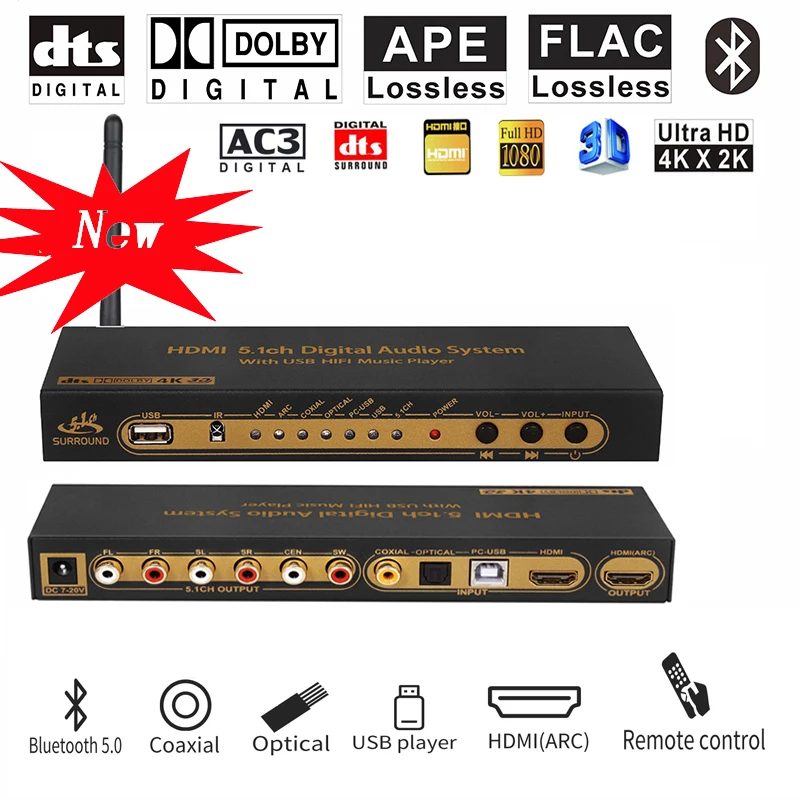 

Преобразователь Аудио HDMI 5,1, декодер DAC DTS AC3 FLAC PCUSB APE 4K * 2K, экстрактор HDMI в HDMI, сплиттер, цифровой SPDIF ARC