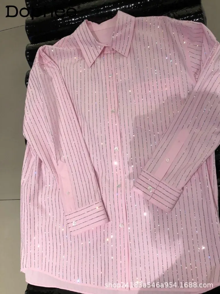 High-End Polo Collar Sparkling Rhinestones Striped Shirt Top Women Loose Mid-Length Pink Blusas Female Autumn New Blusas Mujer