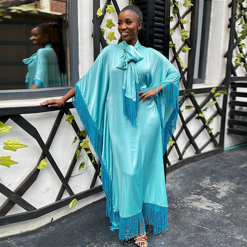 

2023 Fashionable New Women's Scarf Collar Tassel Bat Sleeve Long Sleeve Loose Dress Plain Casual Dress