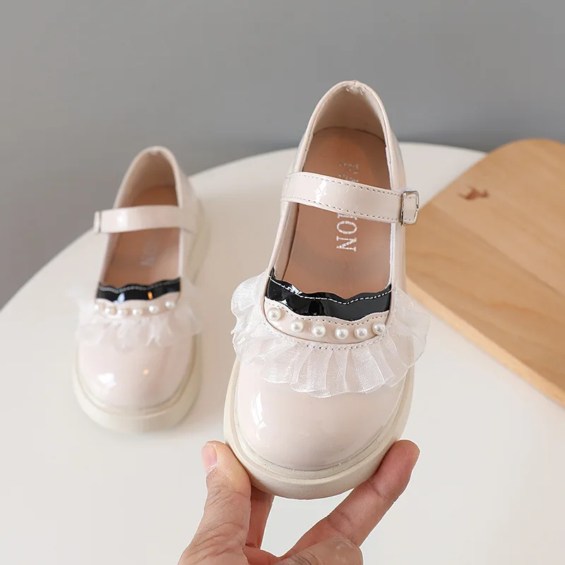 

Shallow Girls Mary Janes 2022 Summer Korean Kids Students Flat Versatile School Leather Shoes with Lace and Pearls
