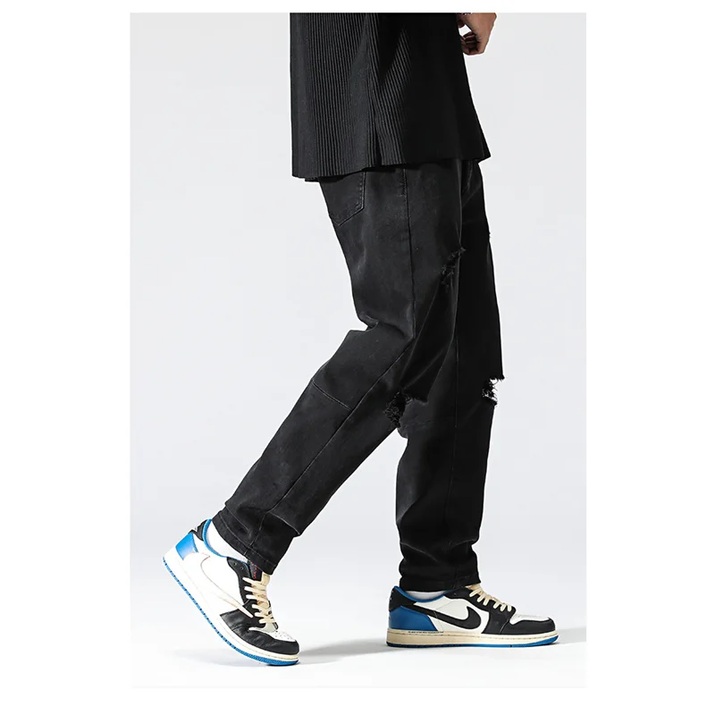 Men Clothing 2022 Autumn and Winter Straight Loose Cylinder Jeans Vintage Chaopai Comfortable Black Harun Ripped Trousers Female