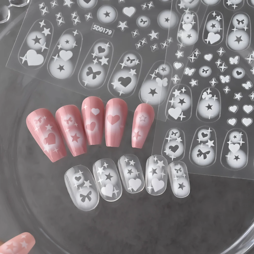Белая наклейка для ногтей с полыми сердечками и звездами белая градиентная