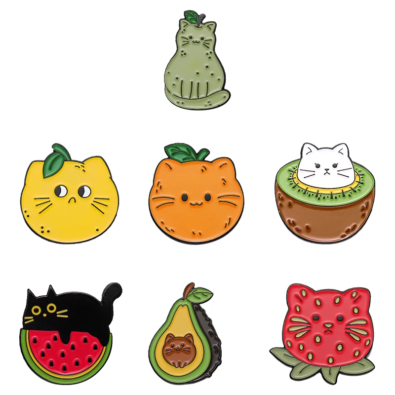 

Fruit Cat Enamel Pins Lemon Orange Pear Watermelon Avocado Kiwi Fruit Brooch Lapel Kitty Badges Jewelry Gift for Friends Kids