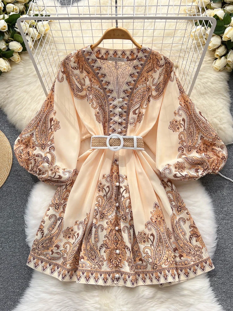 

Vintage Style Mini Dress Women 2022 Temperament V-neck Retro Print Lace-up Slim Single Breasted A-line Party Evening Dress YQ200