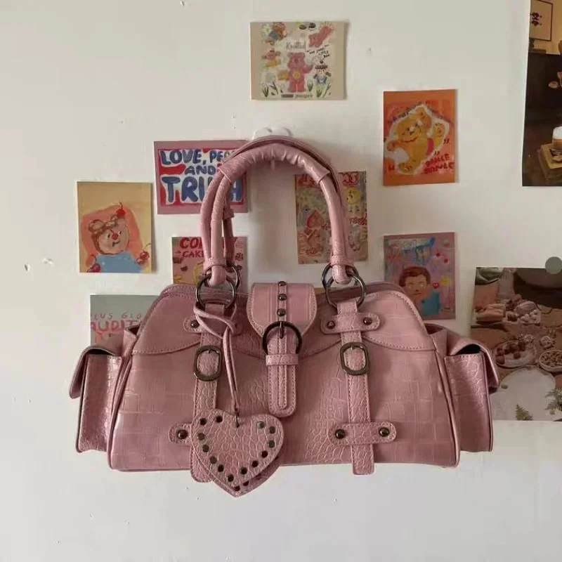 

Y2K Vintage Korean Casual Pink Heart Rivets Shoulder Underarm Tote Bag Ladies Bags Leather Zip Purses Bagutte Handbags Women