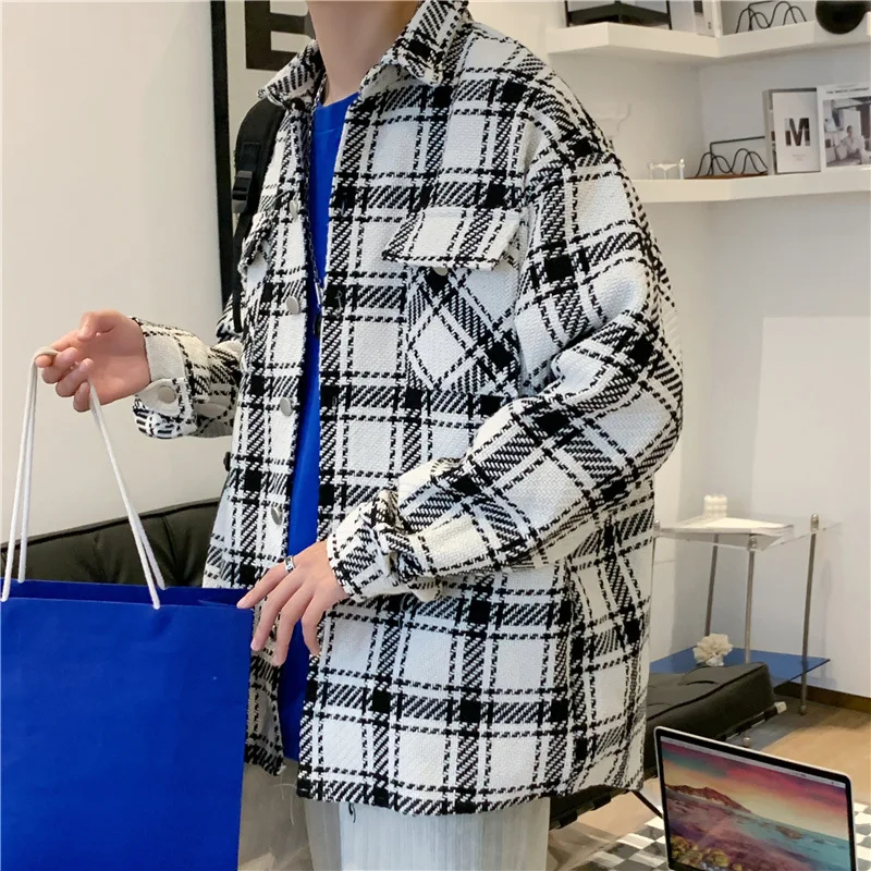 Men's Fashion Plaid Shirt Spring and Autumn Korean Version Loose Casual Shirt Jacket Ins  Men Long Sleeve Button Shirt