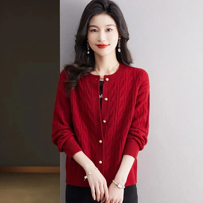 100% норковый кашемировый кардиган свитер Женский вязаный Топ с круглым вырезом и