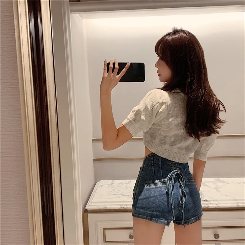 Women Y2k Fashion Casual Bandage High Waist Slim Denim Shorts High Waist Harajuku E Girl Summer Mini Jean Short Streetwear 2023