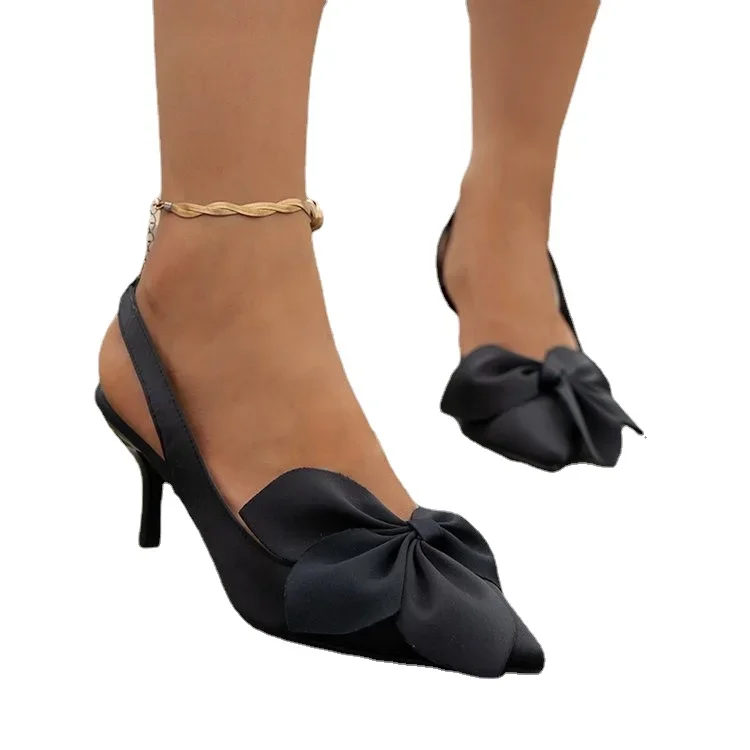 Женские туфли с острым носком оранжевые бантом модные пикантные однотонные