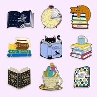 creative fashion book enamel pin cartoon cute cat astronaut watch library brooch denim bag badge jewelry gift for friend childs