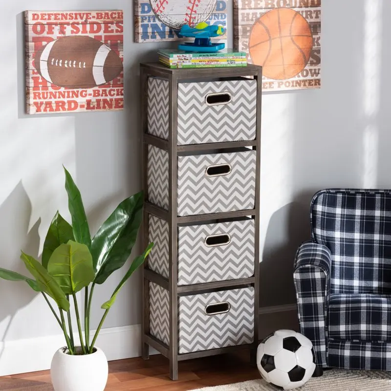 

Baxton Studio Jorah Modern and Contemporary Grey and White Fabric Upholstered Greywashed Wood 4-Basket Tallboy Storage Unit