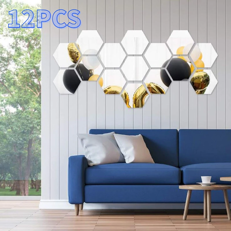 

12pcs 3D Acrylic Hexagon Mirror Wall Sticker Removable Art Decal Home Decor Tile Stickers Reflective Wall Stickers Decor Mirrors
