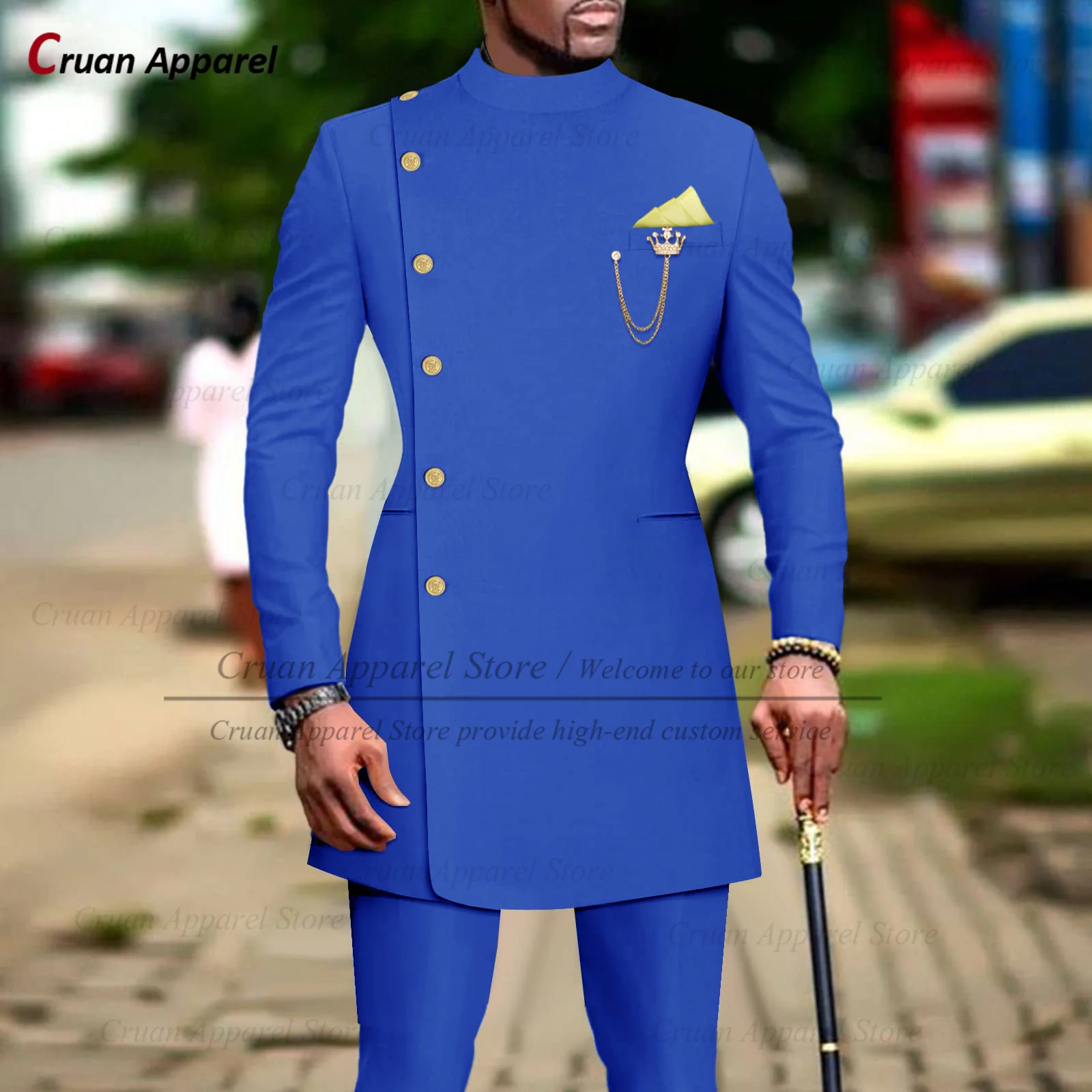 Мужской облегающий костюм Королевского синего цвета роскошная куртка с золотыми