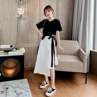 women korean fashion 2 two piece set short sleeve bandage top high waist vintage a line skirt female summer clothes set e62