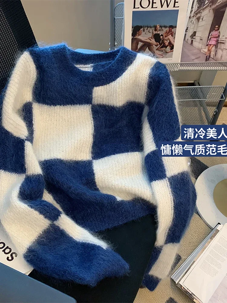 

Women Sweater Blue White Color Classic Plaid Design Knit Pullover 2022 Autumn Winter O-neck Long Sleeve Lady Plush Knitwear Chic