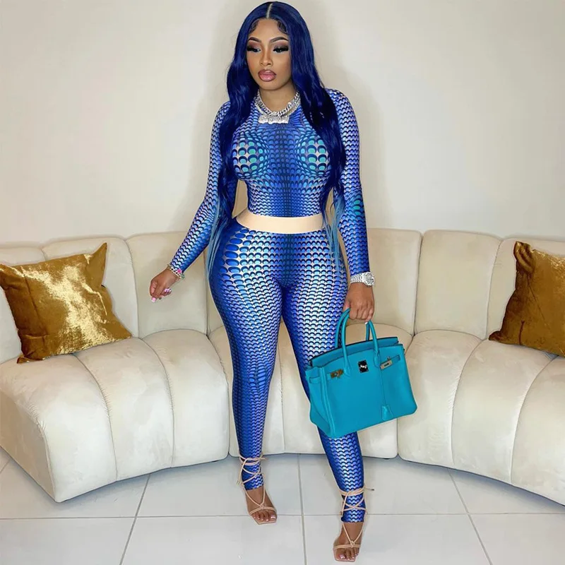 

Новинка 2022, Модный Топ с длинным рукавом и принтом, облегающие штаны, подчеркивает фигуру, костюм, женская модная одежда