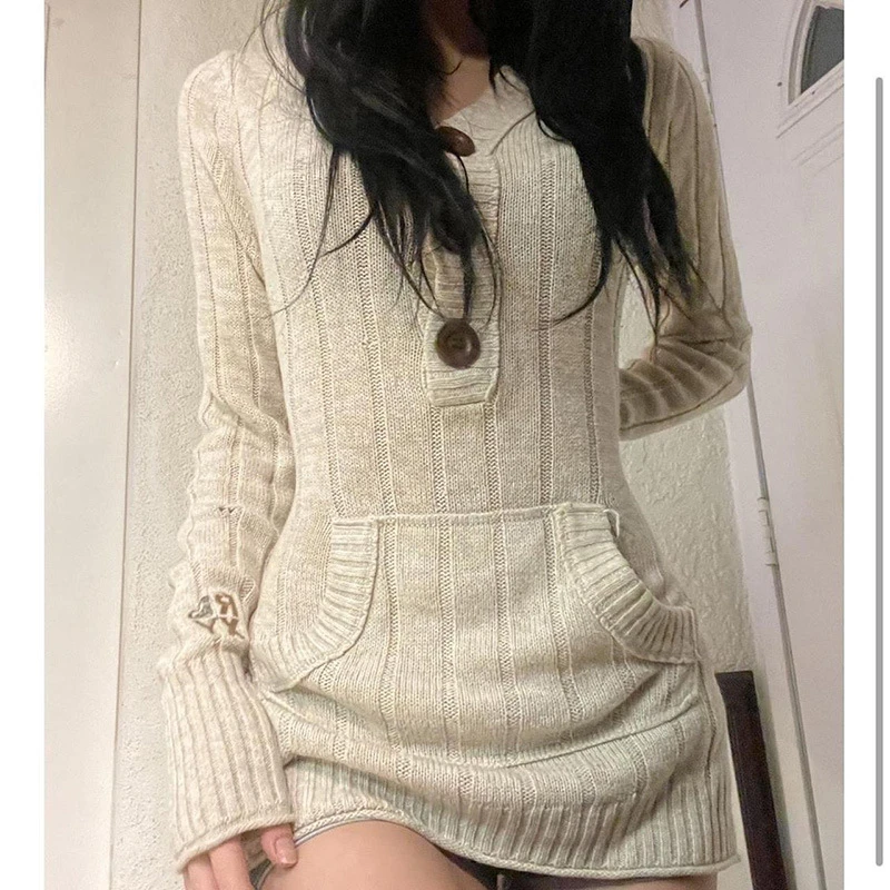 

Spring Fashion Sexy Cute Slim Dress Solid Color SML Long Sleeve Woman Knitted Hooded Dress Skinny Dress Vintage Sheath Dress