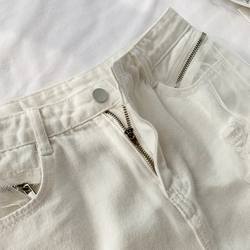 Women Patchwork High Waist Slim Denim Shorts Summer Sexy Hole Solid Jeans Shorts Ladies All-Match Bottom with Mesh Feminino Chic