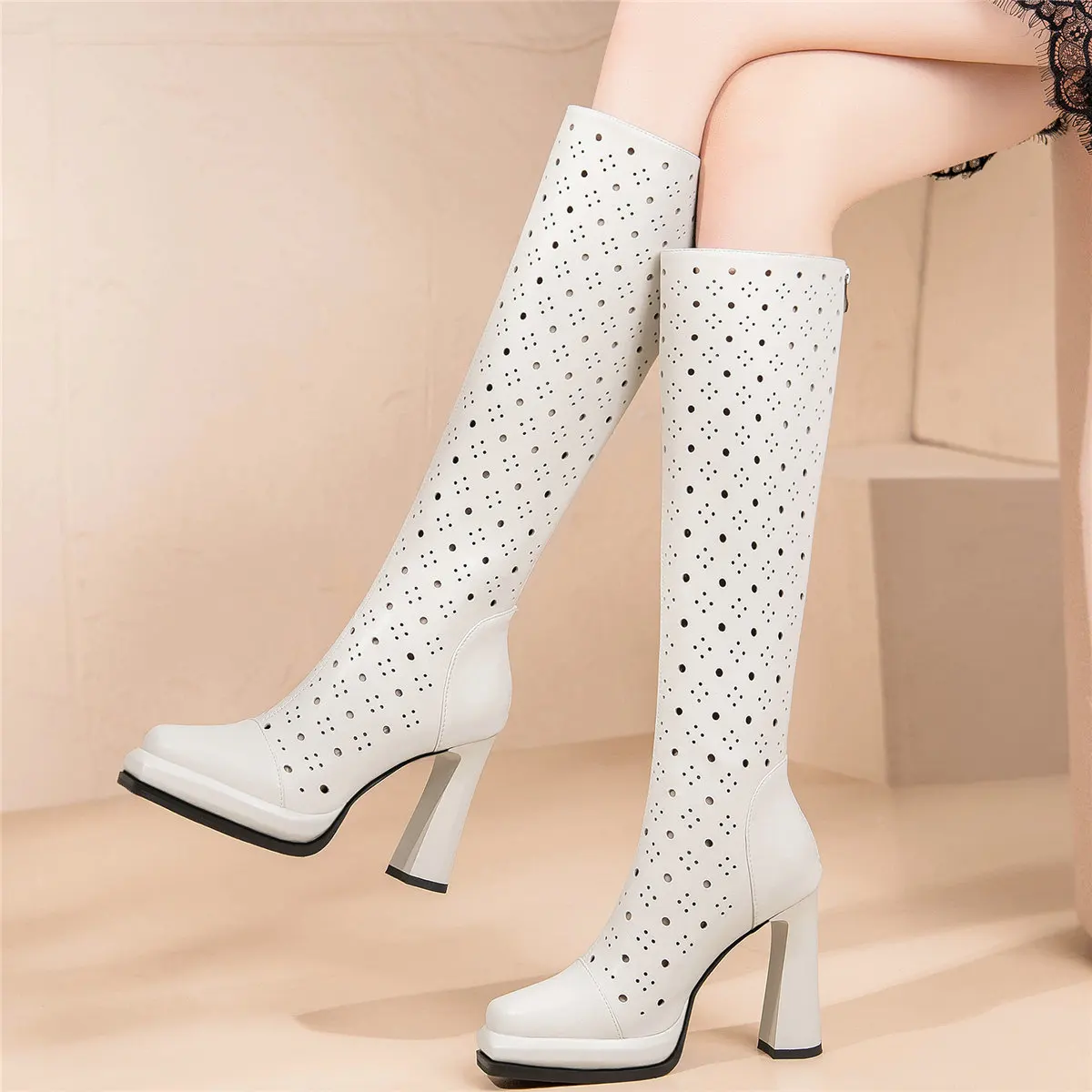 2023 Platform Pumps Shoes Women Hollow Genuine Leather High Heel Knee High Boots Female Round Toe Gladiator Sandals Casual Shoes