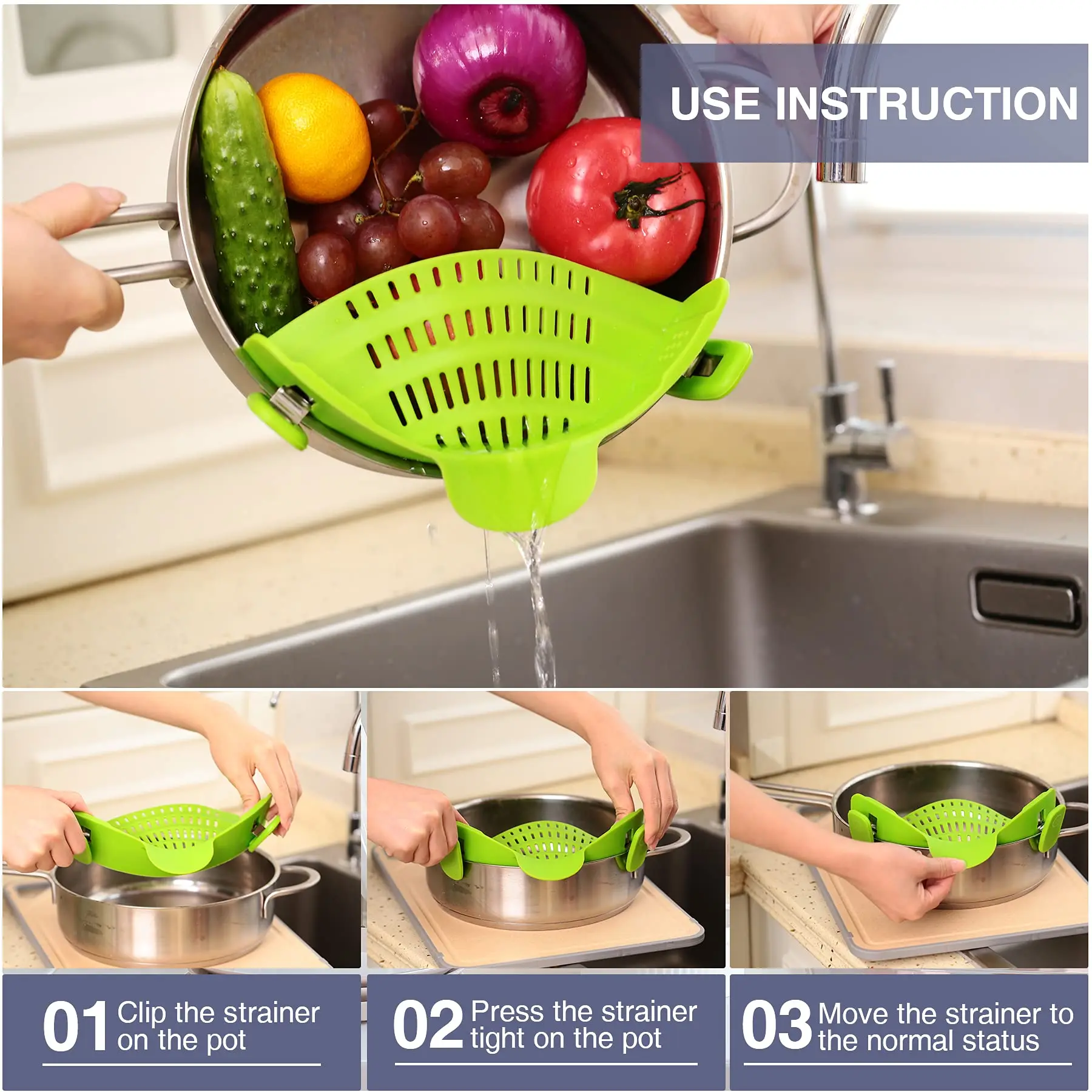 

Adjustable Silicone Clip On Strainer Food Grade Heat Resistant Pot Drain Pan Strainer Liquid Drainer Kitchen Colander Strainer