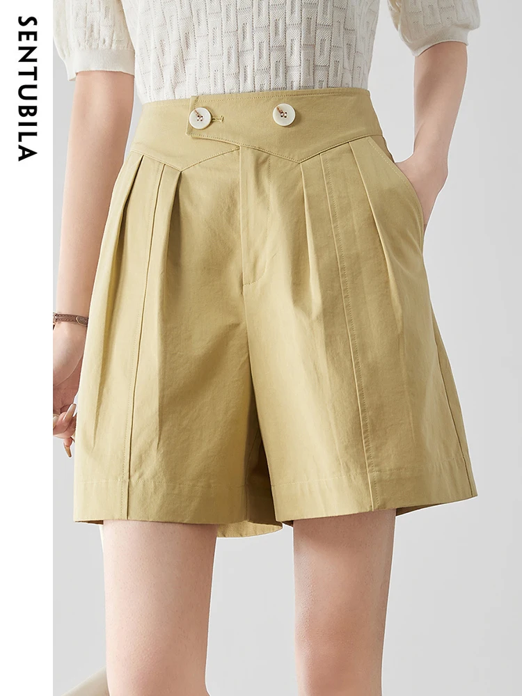 Sentubila 100% Cotton Casual Shorts for Women Fashion 2023 Straight Wide Leg High Waist Summer Pleated Short Pants with Pockets